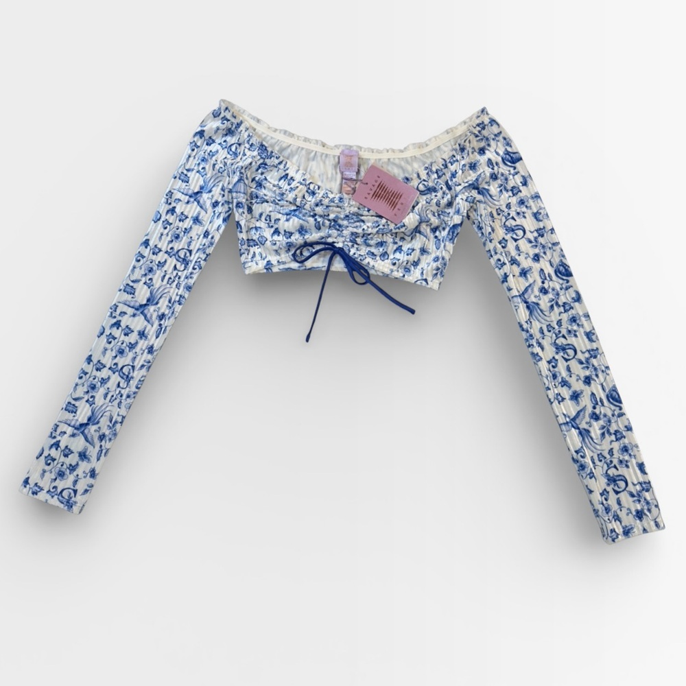 NWT Savage X Fenty Plush Velvet Blue White Floral Long Sleeve Crop Top XSMALL